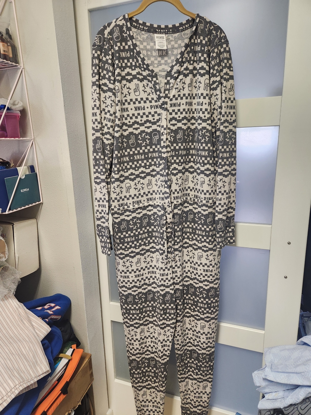 PINK Victoria's Secret Gray & White One-Piece Pajama Set